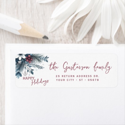 Classy Dark Teal Blue Red Floral Holiday Wreath ラベル (インサイチュ)