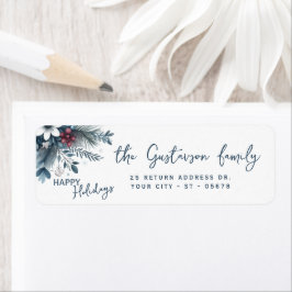 Classy Dark Teal Blue Red Floral Holiday Wreath ラベル