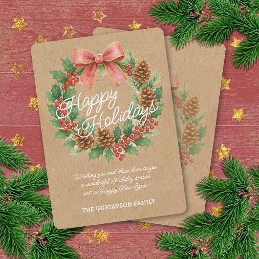 Classy December Wreath Pink Bow Watercolor Gold 箔シーズンカード