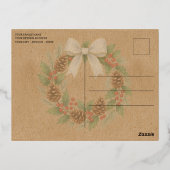 Classy December Wreath White Bow Watercolor 箔シーズンポストカード (裏面)
