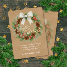 Classy December Wreath White Bow Watercolor Gold