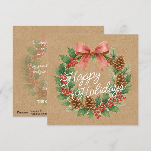 Classy December Wreath With Pink Bow Holiday Card シーズンカード (正面/裏面)