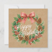 Classy December Wreath With Pink Bow Holiday Card シーズンカード (正面)