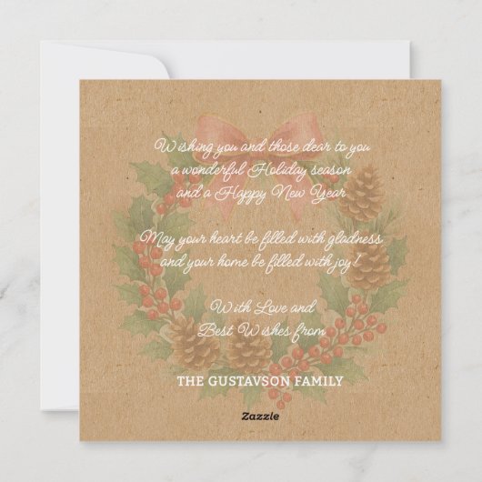 Classy December Wreath With Pink Bow Holiday Card シーズンカード (裏面)