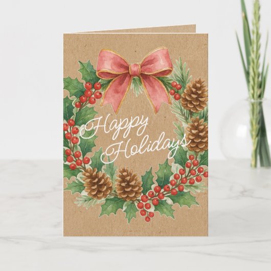 Classy December Wreath With Pink Bow Watercolor シーズンカード (正面)