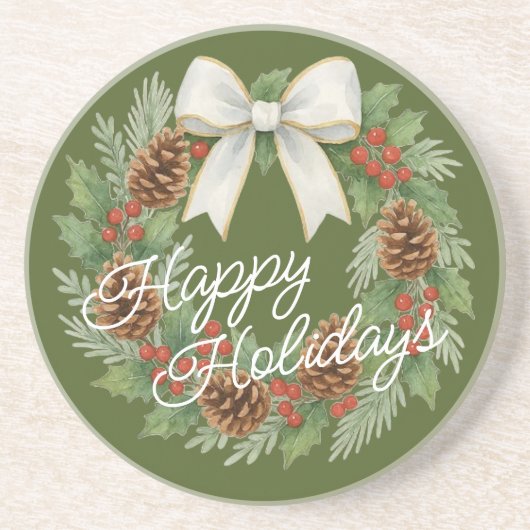 Classy December Wreath With White Bow Holiday コースター (正面)