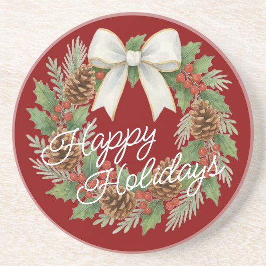 Classy December Wreath With White Bow Holiday コースター (正面)