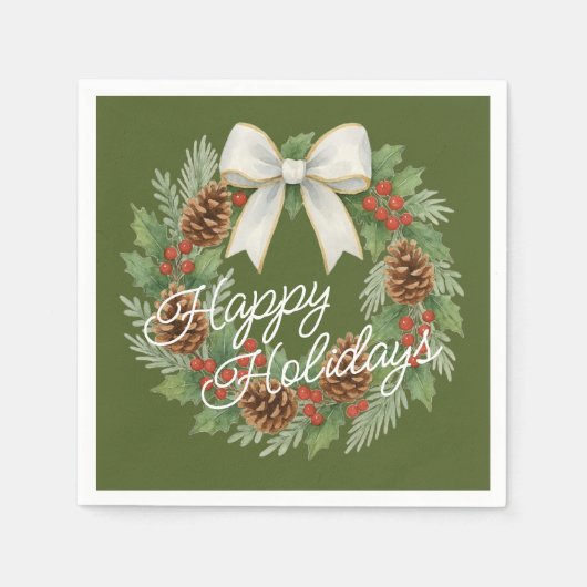 Classy December Wreath With White Bow Holiday スタンダードカクテルナプキン (正面)