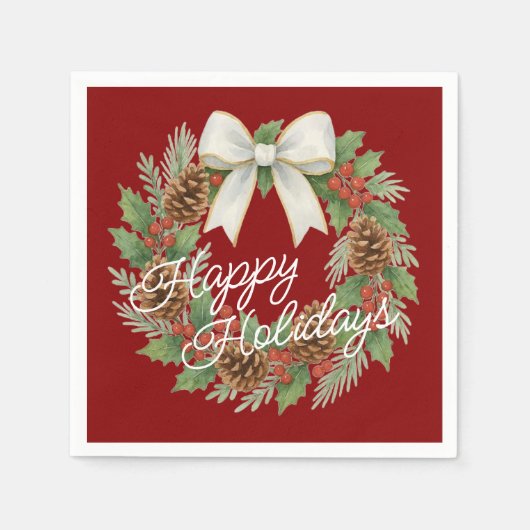Classy December Wreath With White Bow Holiday スタンダードカクテルナプキン (正面)