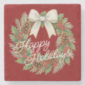 Classy December Wreath With White Bow Holiday ストーンコースター (正面)