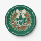 Classy December Wreath With White Bow Holiday ペーパープレート (正面)