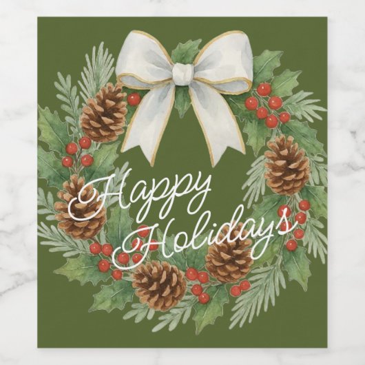 Classy December Wreath With White Bow Holiday ワインラベル (シングルラベル)
