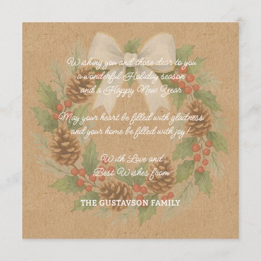 Classy December Wreath With White Bow Holiday Card シーズンカード (裏面)