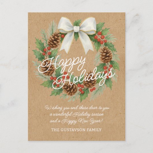 Classy December Wreath With White Bow Watercolor シーズンポストカード (正面)