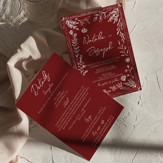 Classy Deep Red Blue Floral All In One Wedding 招待状