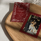 Classy Deep Red Blue Floral Modern Photo Wedding  招待状