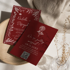 Classy Deep Red Blue Floral Modern QR Code Wedding 招待状