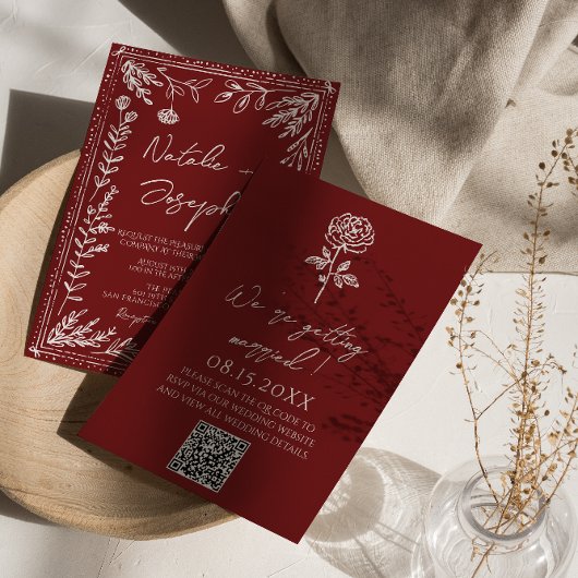 Classy Deep Red Blue Floral Modern QR Code Wedding 招待状