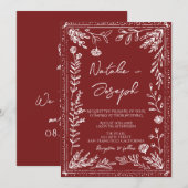 Classy Deep Red Blue Floral Modern Wedding 招待状 (正面/裏面)