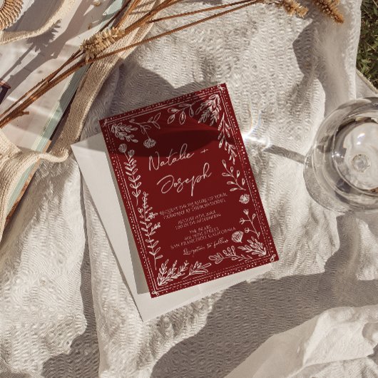 Classy Deep Red Blue Floral QR Code Photo Wedding 招待状