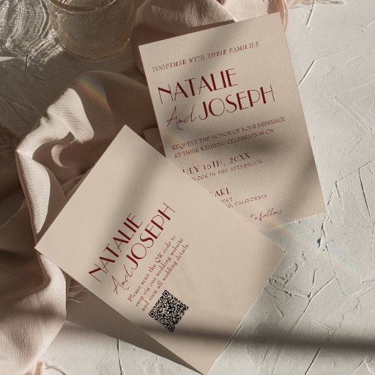 Classy Deep Red Blue QR Code Modern Wedding 招待状