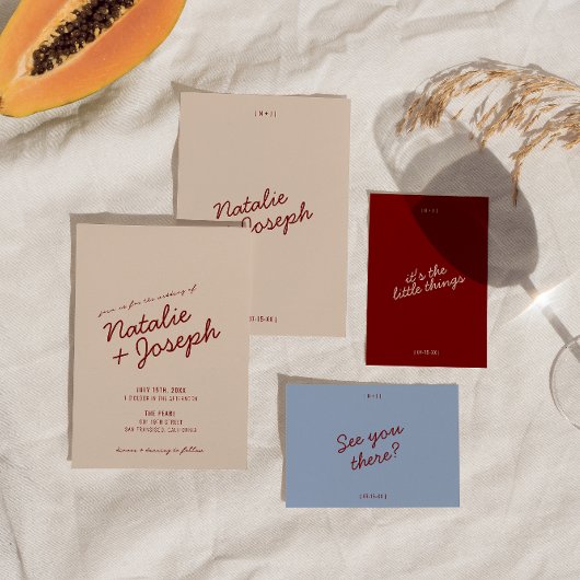 Classy Deep Red Blue Whimsical Unique Wedding 招待状