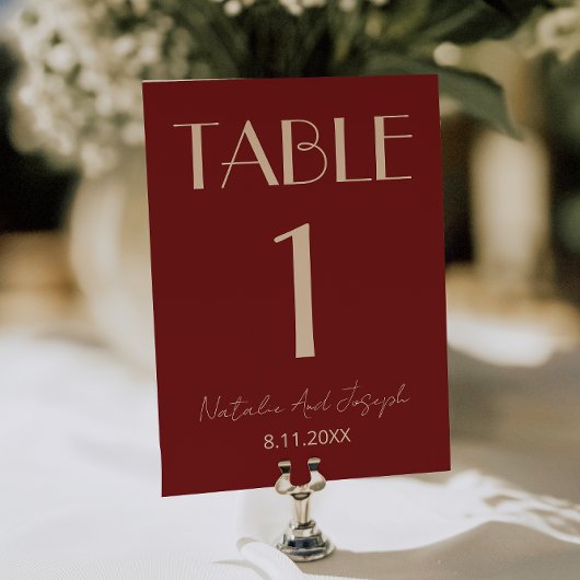 Classy Deep Red Cream Fancy Wedding Table Number 招待状