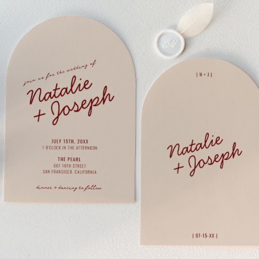 Classy Deep Red Cream Whimsical Arched Wedding 招待状