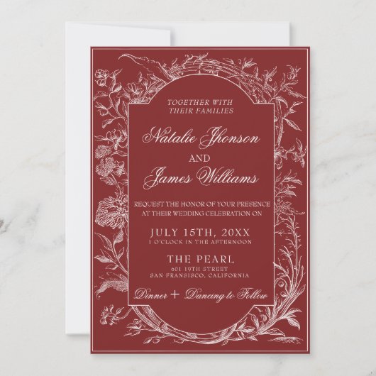Classy Deep Red Floral Boho Botanical Wedding 招待状 (正面)