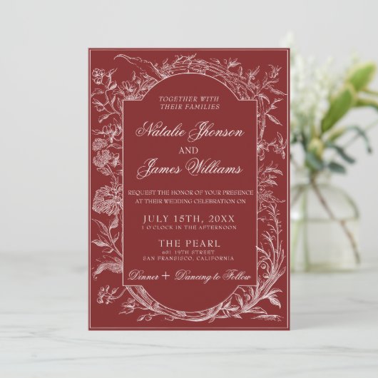 Classy Deep Red Floral Boho Botanical Wedding 招待状 (スタンド正面)