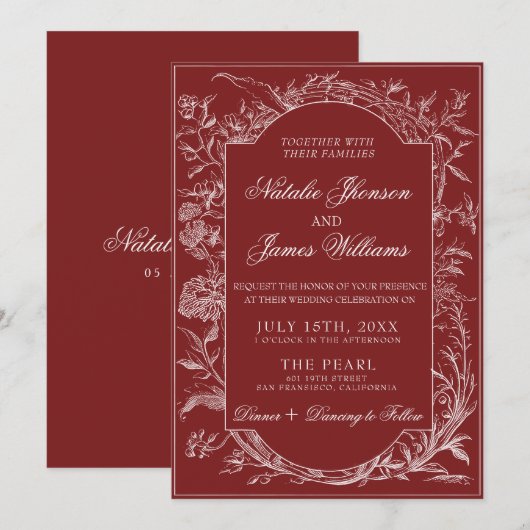 Classy Deep Red Floral Boho Botanical Wedding 招待状 (正面/裏面)