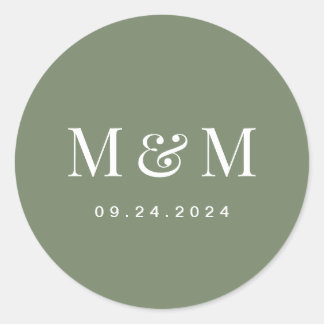 Classy Deep Sage Green Monogram Typography Wedding ラウンドシール