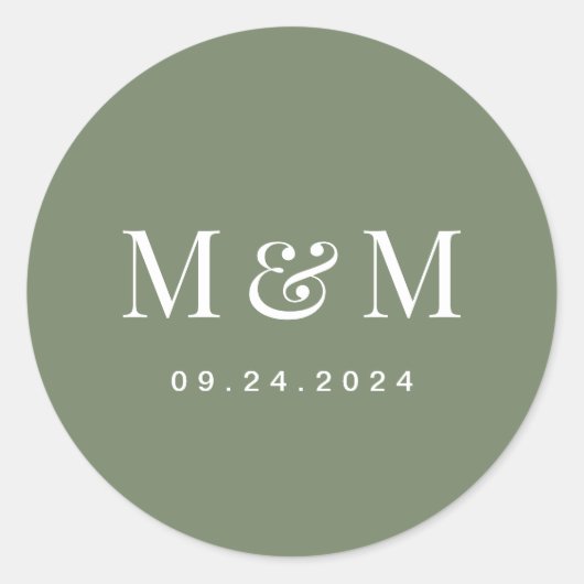 Classy Deep Sage Green Monogram Typography Wedding ラウンドシール (正面)