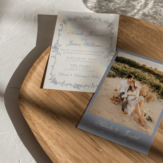 Classy Dusty Blue Floral Boho Botanical Wedding 招待状