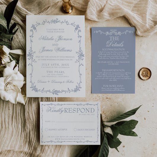 Classy Dusty Blue Floral Boho Botanical Wedding 招待状