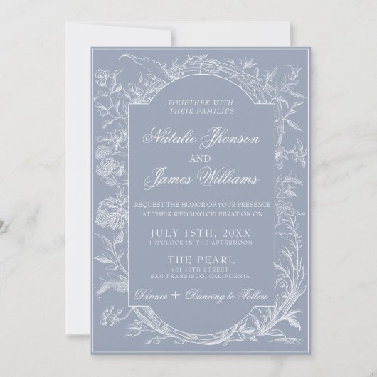 Classy Dusty Blue Floral Boho Botanical Wedding  招待状 (正面)