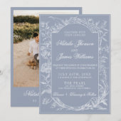Classy Dusty Blue Floral Boho Botanical Wedding  招待状 (正面/裏面)