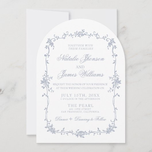 Classy Dusty Blue Floral Boho Chic Arched Wedding 招待状 (正面)