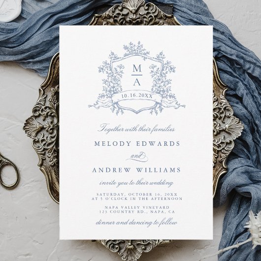 Classy Dusty Blue Floral Crest Wedding 招待状