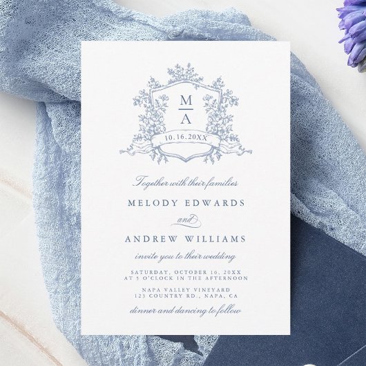 Classy Dusty Blue Floral Crest Wedding 招待状