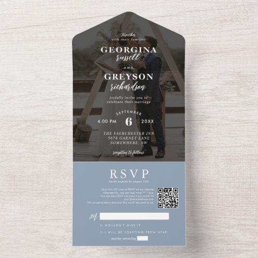 Classy Dusty Blue RSVP Photo QR Code Wedding オールインワン招待状 (内側)