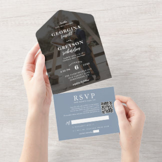 Classy Dusty Blue RSVP Photo QR Code Wedding オールインワン招待状
