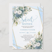 Classy Dusty Blue White Peonies Sweet 16 Invites 招待状 (正面)