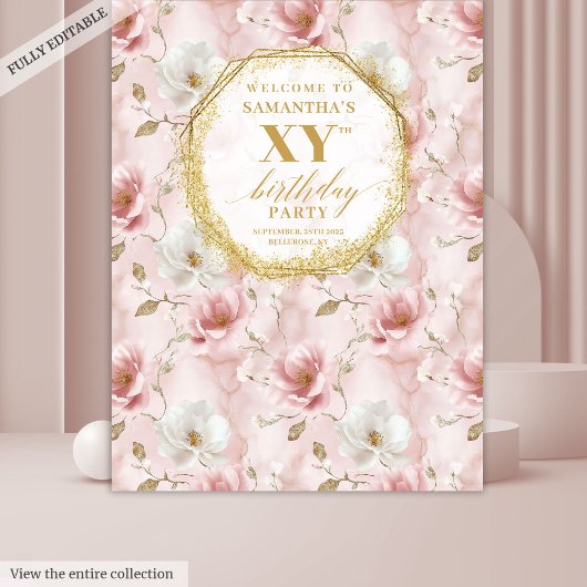 Classy dusty pink floral birthday party backdrop タペストリー