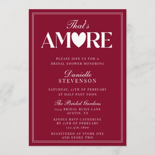 Classy Elegant Burgundy That's Amore Bridal Shower 招待状 (正面)