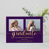 Classy Elegant Gold Script Text Graduate 3 Photo 箔招待状 (立ち正面)