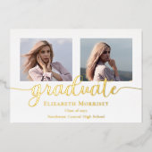 Classy Elegant Gold Script Text Graduate 3 Photo 箔招待状 (正面)