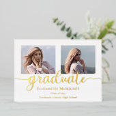 Classy Elegant Gold Script Text Graduate 3 Photo 箔招待状 (立ち正面)