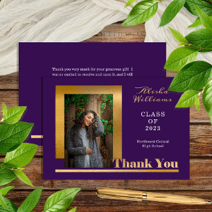 Classy Elegant Gold Text Graduate 1 Photo Purple サンキューカード
