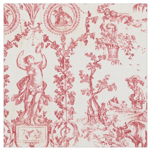 Classy Elegant Vintage Red French Country Toile ファブリック (クローズアップ)